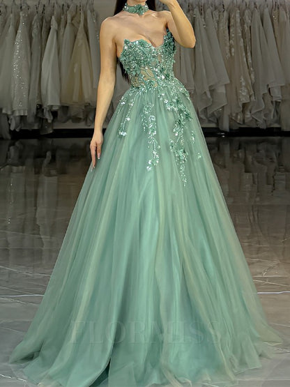 Gorgeous Green A-Line Long Prom Dresses Tulle Beaded Sweetheart Evening Gowns Sleeveless Birthday Dresses ED05783