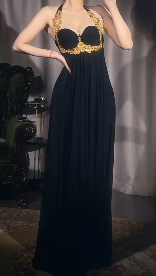 Retro Black Sheath Long Prom Dresses Chiffon Halter Evening Gowns Sleeveless Formal Dresses ED05784