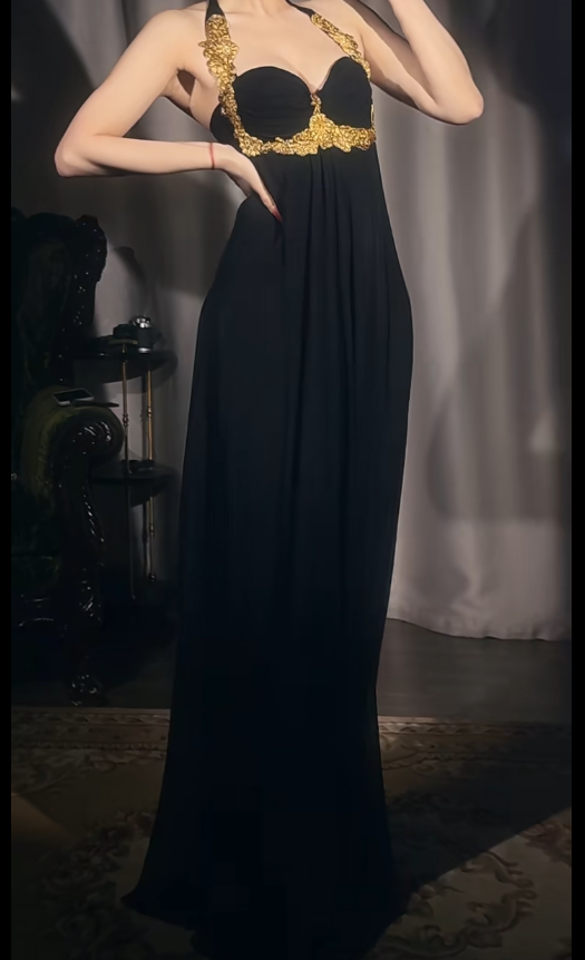 Retro Black Sheath Long Prom Dresses Chiffon Halter Evening Gowns Sleeveless Formal Dresses ED05784