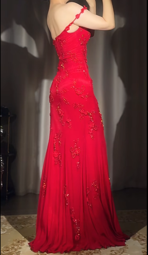 Gorgeous Red Mermaid Long Prom Dresses Beaded Chiffon Straps Evening Gowns Sleeveless Formal Dresses ED05785