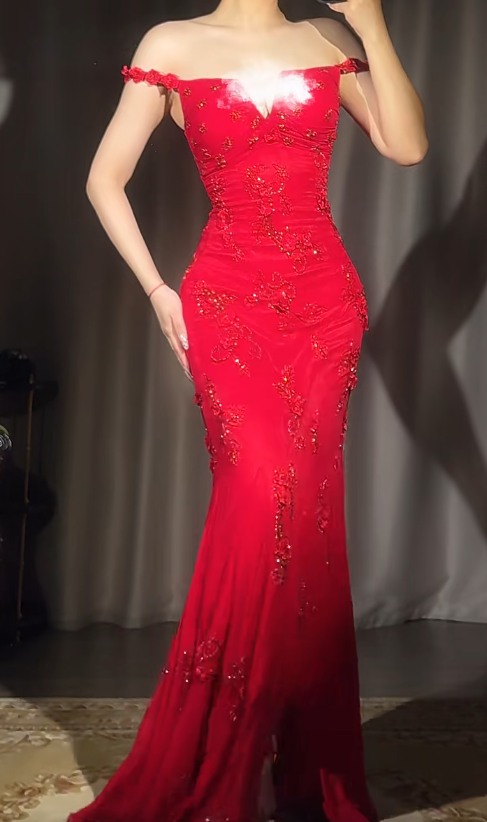 Gorgeous Red Mermaid Long Prom Dresses Beaded Chiffon Straps Evening Gowns Sleeveless Formal Dresses ED05785