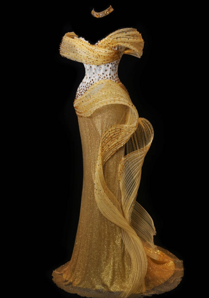 Chic Yellow Sheath Long Prom Dresses Beaded Tulle Off-shoulder Evening Dresses Sleeveless Birthday Dresses ED05787