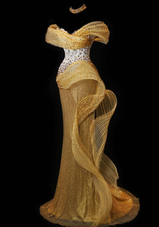 Chic Yellow Sheath Long Prom Dresses Beaded Tulle Off-shoulder Evening Dresses Sleeveless Birthday Dresses ED05787