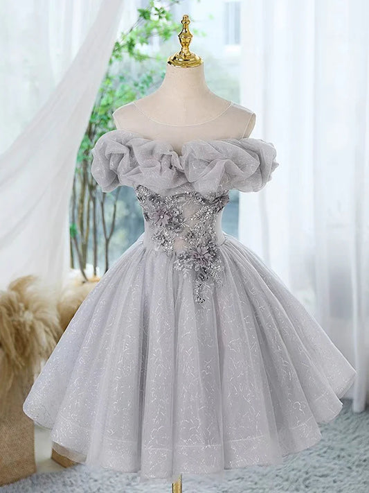 A-Line Off Shoulder Tulle Lace Sequin Gray Short Prom Dress with Beads ED0579