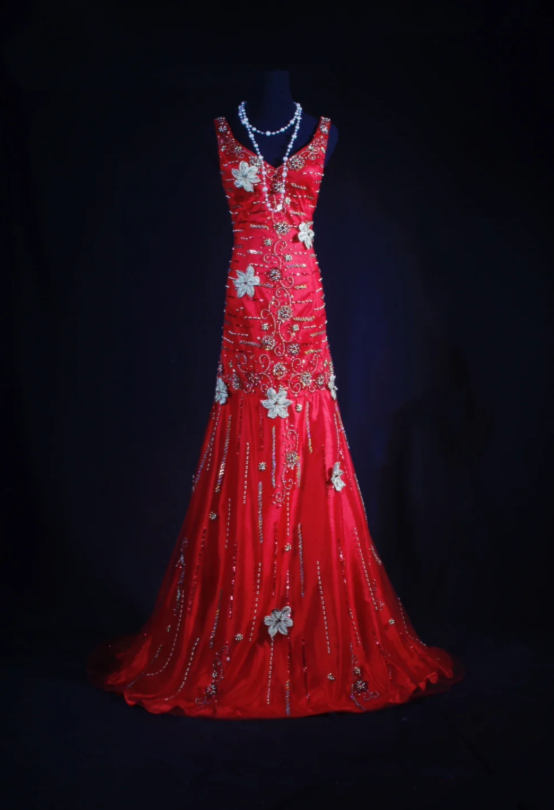 Vintage Red Sheath Long Prom Dresses Satin Beaded V-Neck Evening Dresses Sleeveless Formal Dresses ED05792