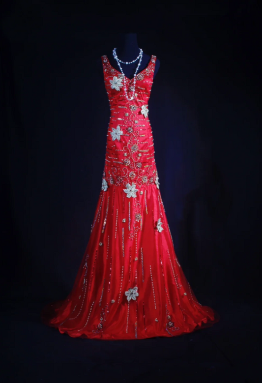 Vintage Red Sheath Long Prom Dresses Satin Beaded V-Neck Evening Dresses Sleeveless Formal Dresses ED05792