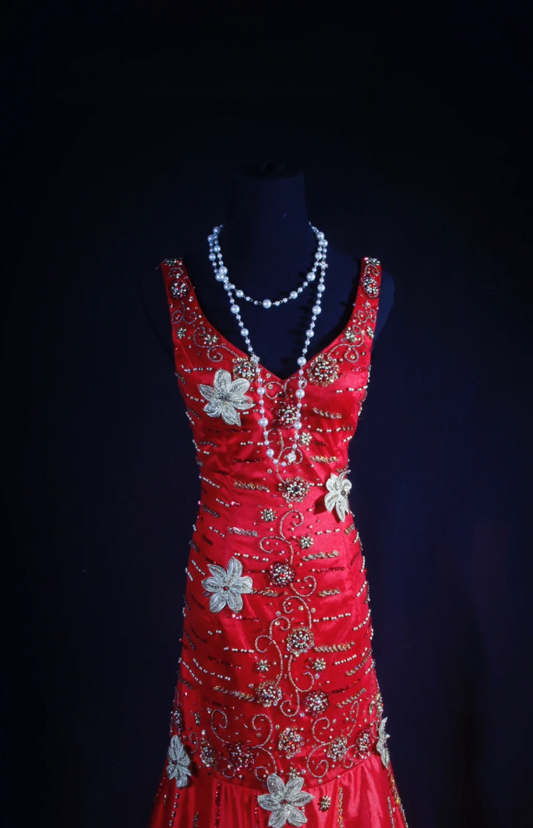 Vintage Red Sheath Long Prom Dresses Satin Beaded V-Neck Evening Dresses Sleeveless Formal Dresses ED05792