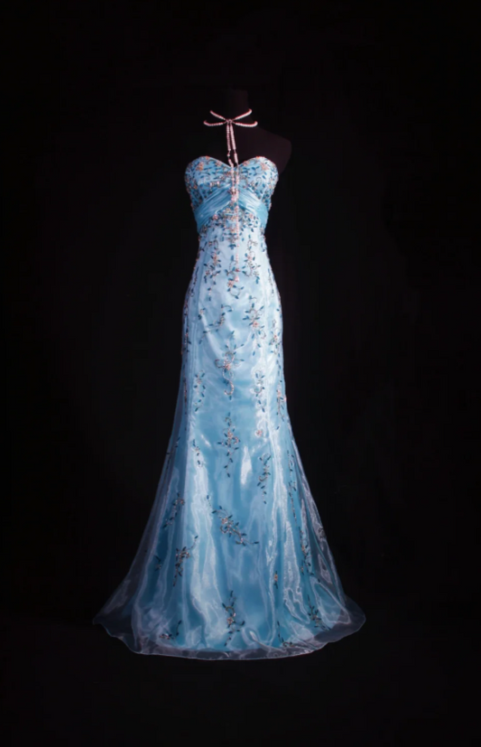 Vintage Blue Mermaid Long Prom Dresses Beaded Tulle Sweetheart Evening Dresses Sleeveless Formal Dresses ED05793