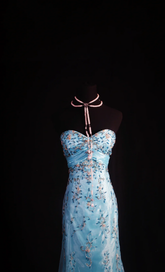 Vintage Blue Mermaid Long Prom Dresses Beaded Tulle Sweetheart Evening Dresses Sleeveless Formal Dresses ED05793