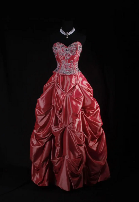 Vintage Burgundy Ball Gown Long Prom Dresses Satin Sweetheart Evening Dresses Sleeveless 16 Dresses ED05794