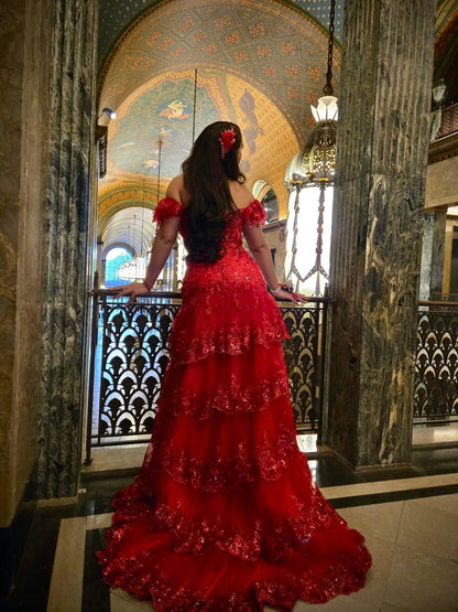 Cute Burgundy Sheath Long Prom Dresses Tulle Sequins Off-shoulder Evening Dresses with Slits ED05797