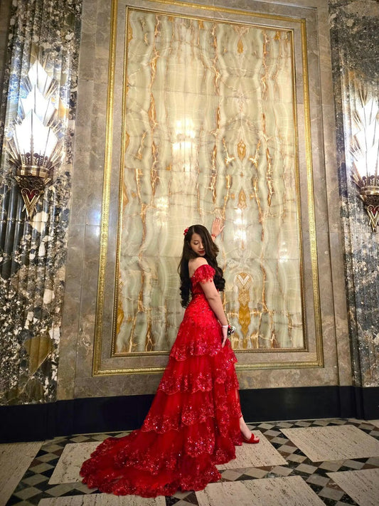 Cute Burgundy Sheath Long Prom Dresses Tulle Sequins Off-shoulder Evening Dresses with Slits ED05797