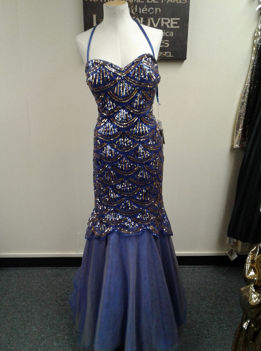 Glam Navy Blue Memaid Long Prom Dresses Tulle Sequins Halter Evening Dresses ED05798