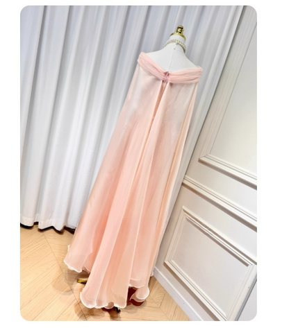 Chic Pink Sheath Long Prom Dresses Pleated Chiffon Off-shoulder Evening Dresses Sleeveless Birthday Dresses ED05799