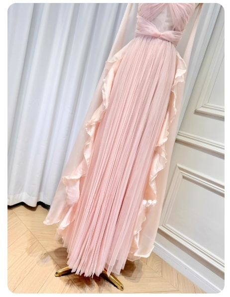 Chic Pink Sheath Long Prom Dresses Pleated Chiffon Off-shoulder Evening Dresses Sleeveless Birthday Dresses ED05799