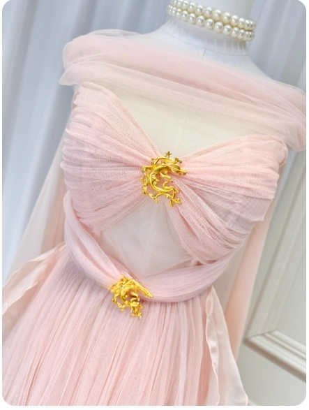 Chic Pink Sheath Long Prom Dresses Pleated Chiffon Off-shoulder Evening Dresses Sleeveless Birthday Dresses ED05799