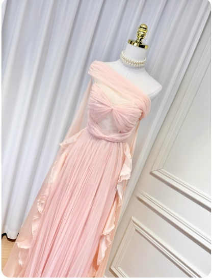 Chic Pink Sheath Long Prom Dresses Pleated Chiffon Off-shoulder Evening Dresses Sleeveless Birthday Dresses ED05799