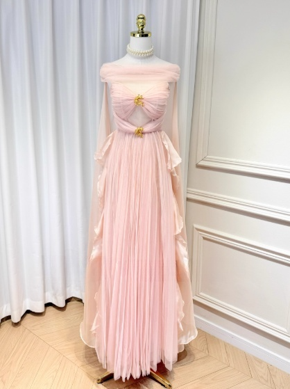 Chic Pink Sheath Long Prom Dresses Pleated Chiffon Off-shoulder Evening Dresses Sleeveless Birthday Dresses ED05799