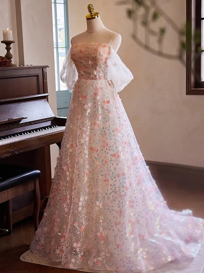 Robe de bal longue rose en tulle et dentelle, épaules dénudées, coupe trapèze, robe de soirée longue rose ED058