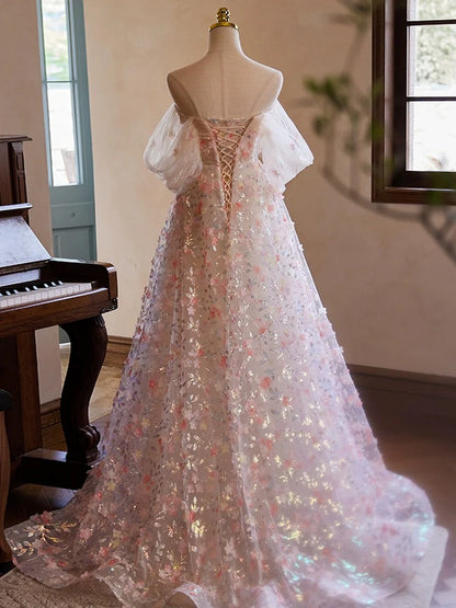 Robe de bal longue rose en tulle et dentelle, épaules dénudées, coupe trapèze, robe de soirée longue rose ED058