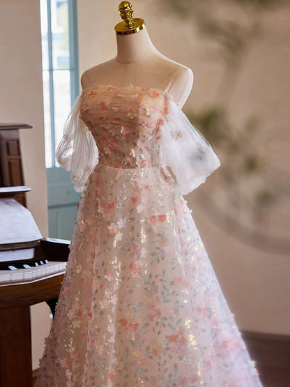 Robe de bal longue rose en tulle et dentelle, épaules dénudées, coupe trapèze, robe de soirée longue rose ED058