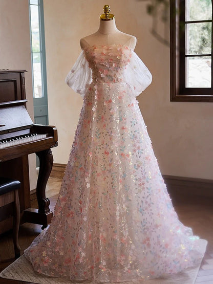 Robe de bal longue rose en tulle et dentelle, épaules dénudées, coupe trapèze, robe de soirée longue rose ED058
