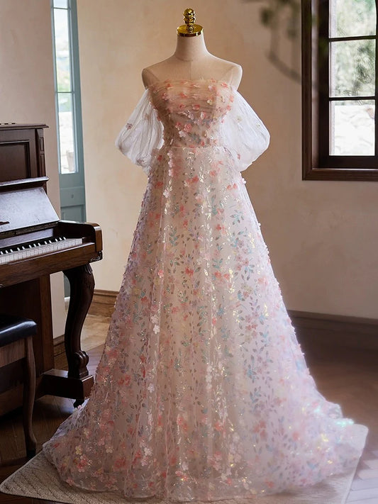 A-Line Off Shoulder Lace Tulle Pink Long Prom Dress, Pink Long Evening Dress ED058