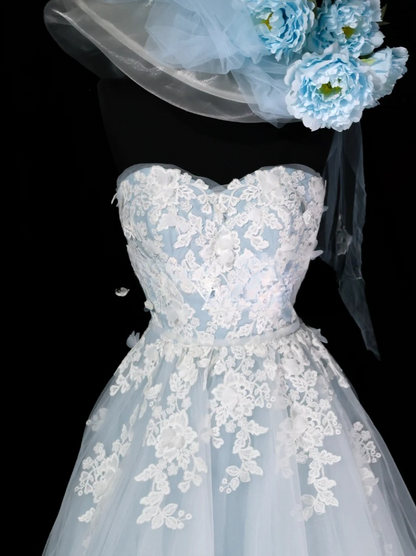 Chic Pale Blue A-Line Long Prom Dresses Appliques Tulle Strapless Evening Dresses Sleeveless Birthday Dresses ED05800