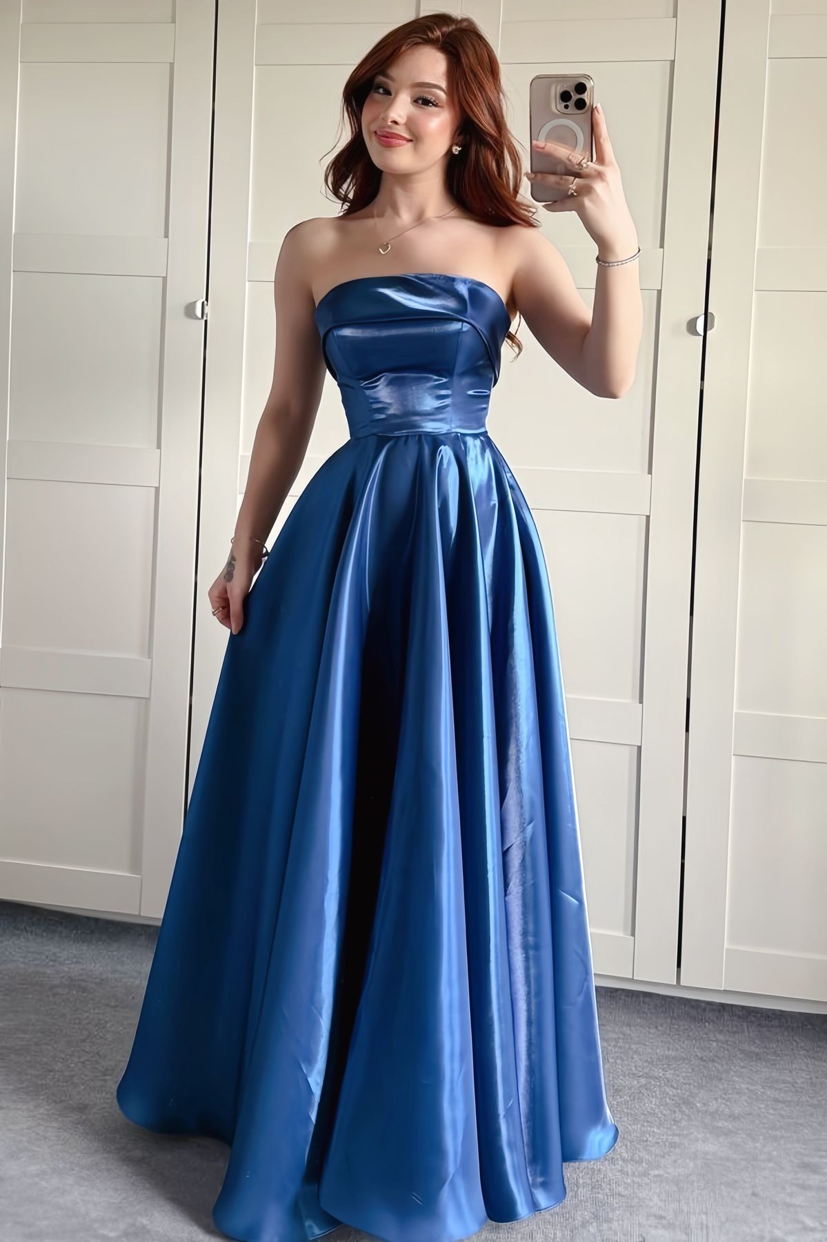 Chic Blue Bridsmaid Dresses  Satin A-Line Long Prom Dresses Strapless Evening Gowns ED05801