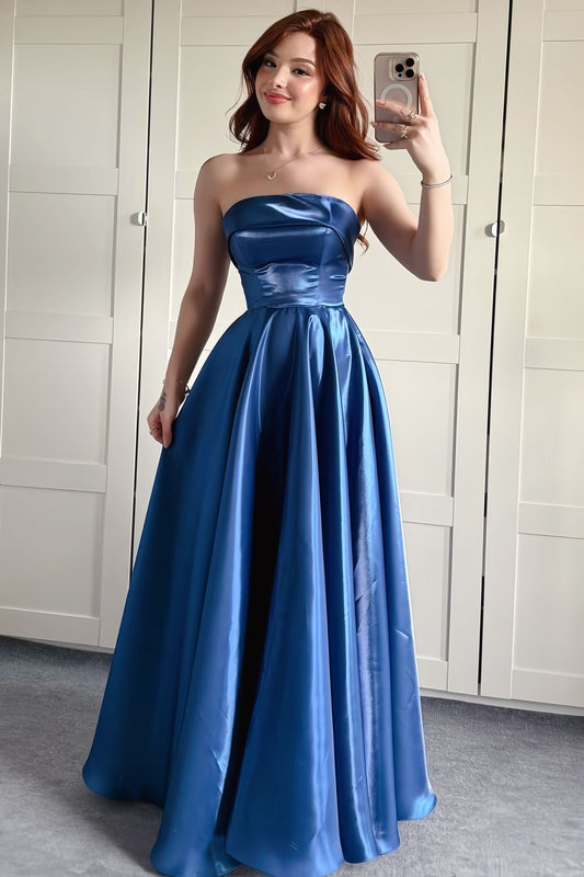 Chic Blue Bridsmaid Dresses  Satin A-Line Long Prom Dresses Strapless Evening Gowns ED05801