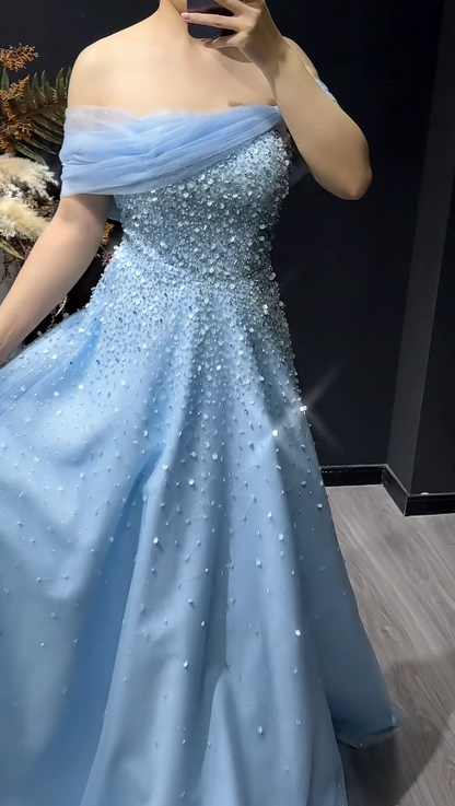 Chic Blue Wedding Guest Dresses Beaded Tulle Sheath Long Prom Dresses Off-shoulder Evening Gowns ED05803