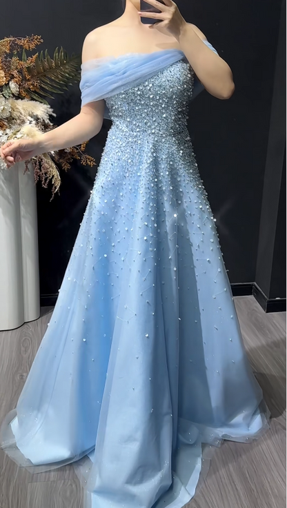Chic Blue Wedding Guest Dresses Beaded Tulle Sheath Long Prom Dresses Off-shoulder Evening Gowns ED05803