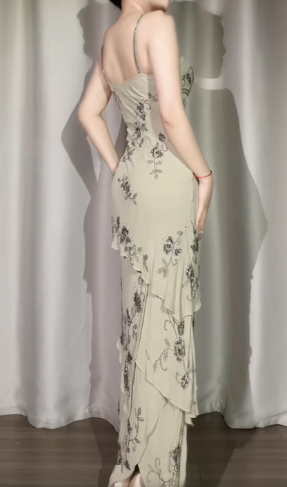 Retro Gray Green A-Line Long Prom Dresses Beaded Chiffon Spaghetti Straps Evening Gowns Sleeveless Formal  Dresses ED05806
