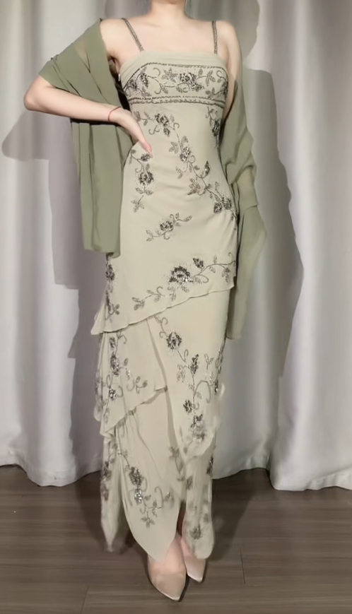 Retro Gray Green A-Line Long Prom Dresses Beaded Chiffon Spaghetti Straps Evening Gowns Sleeveless Formal  Dresses ED05806