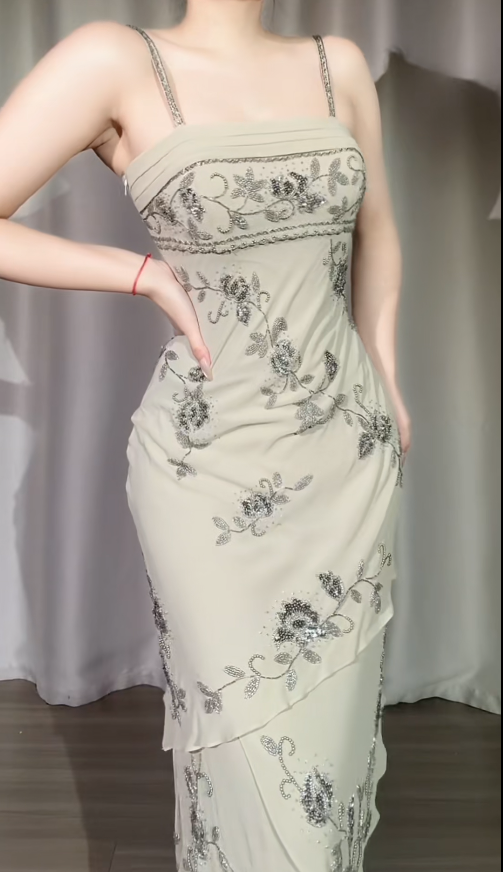 Retro Gray Green A-Line Long Prom Dresses Beaded Chiffon Spaghetti Straps Evening Gowns Sleeveless Formal  Dresses ED05806