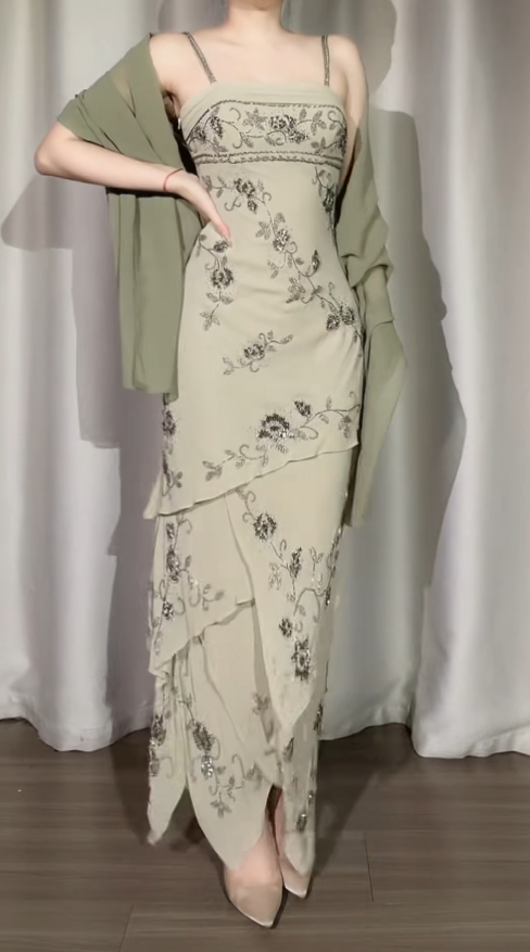 Retro Gray Green A-Line Long Prom Dresses Beaded Chiffon Spaghetti Straps Evening Gowns Sleeveless Formal  Dresses ED05806