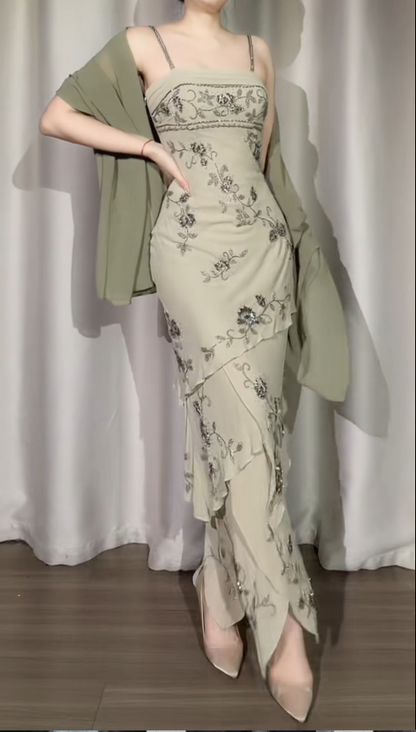 Retro Gray Green A-Line Long Prom Dresses Beaded Chiffon Spaghetti Straps Evening Gowns Sleeveless Formal  Dresses ED05806