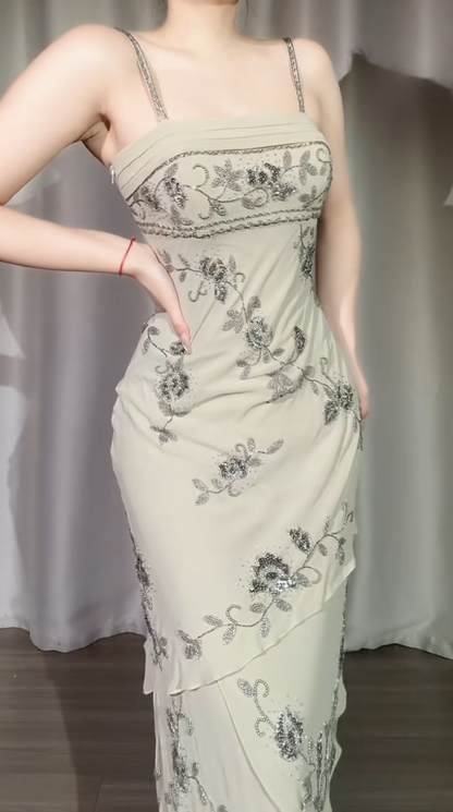 Retro Gray Green A-Line Long Prom Dresses Beaded Chiffon Spaghetti Straps Evening Gowns Sleeveless Formal  Dresses ED05806