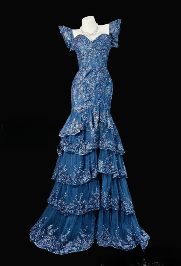 Gorgeous Blue Mermaid Long Prom Dresses Appliques Tulle Sweetheart Evening Gowns Sleeveless Formal  Dresses ED05808