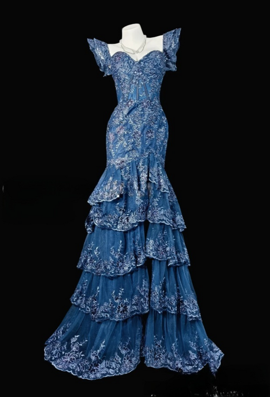 Gorgeous Blue Mermaid Long Prom Dresses Appliques Tulle Sweetheart Evening Gowns Sleeveless Formal  Dresses ED05808