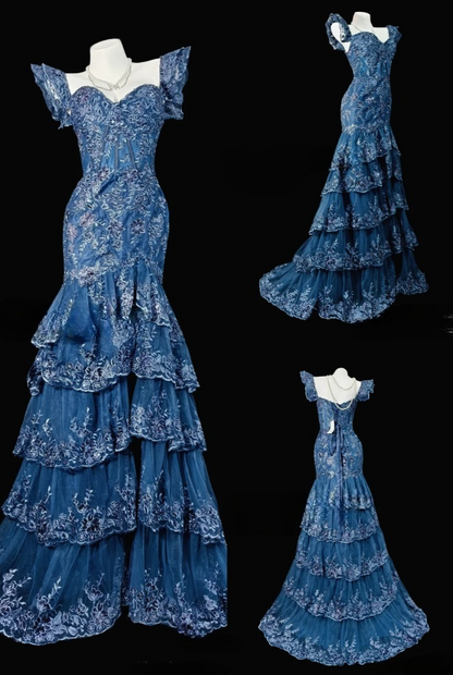 Gorgeous Blue Mermaid Long Prom Dresses Appliques Tulle Sweetheart Evening Gowns Sleeveless Formal  Dresses ED05808