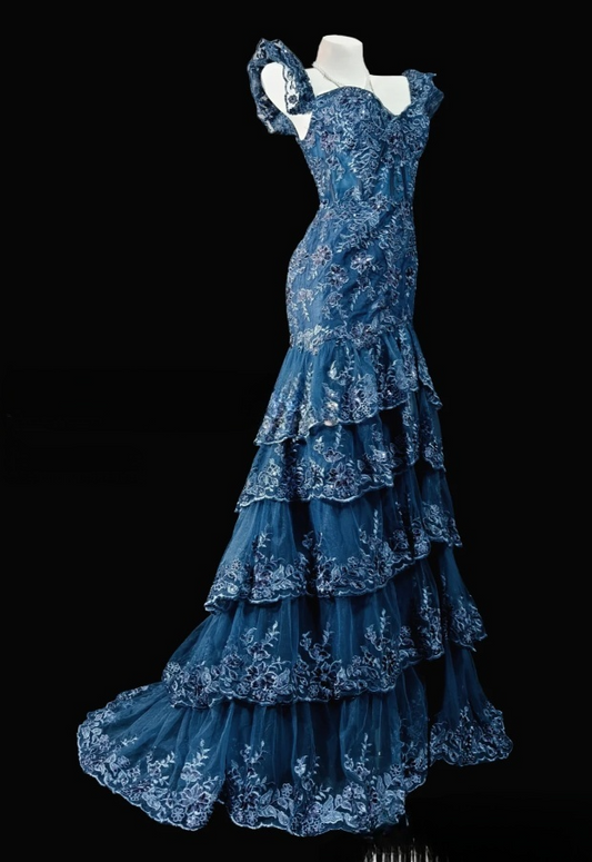 Gorgeous Blue Mermaid Long Prom Dresses Appliques Tulle Sweetheart Evening Gowns Sleeveless Formal  Dresses ED05808