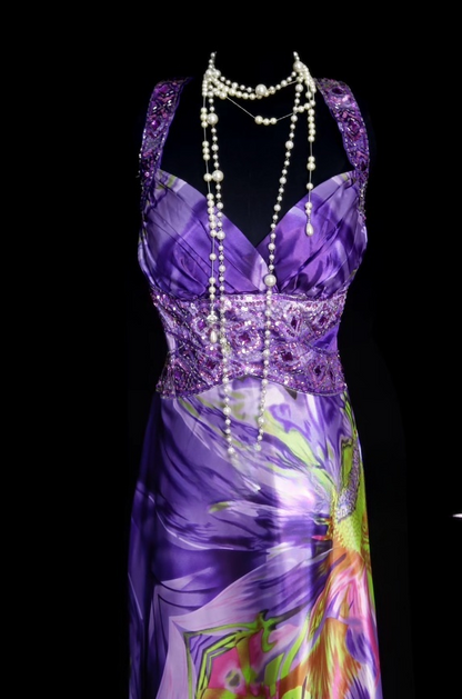 Elegant Purple Sheath Long Prom Dresses Beaded Silk V-neck Evening Gowns Sleeveless Formal  Dresses ED05809