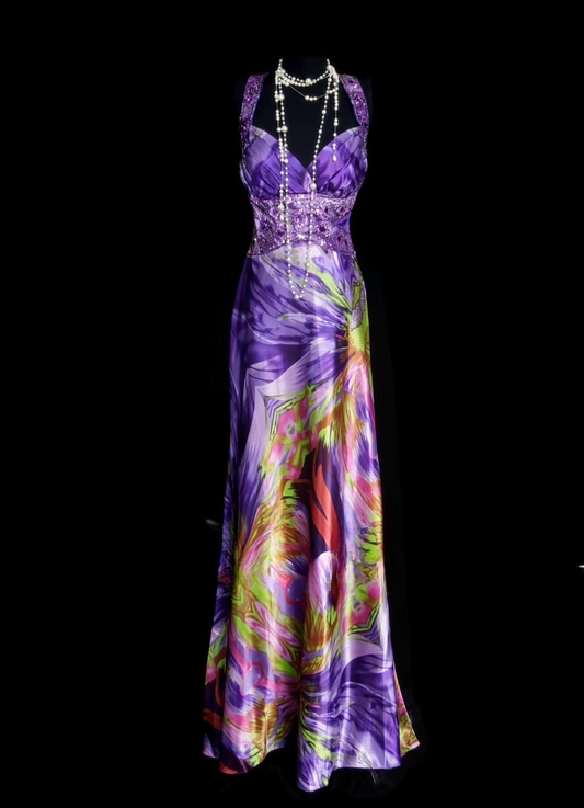 Elegant Purple Sheath Long Prom Dresses Beaded Silk V-neck Evening Gowns Sleeveless Formal  Dresses ED05809