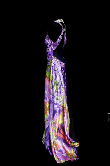Elegant Purple Sheath Long Prom Dresses Beaded Silk V-neck Evening Gowns Sleeveless Formal  Dresses ED05809