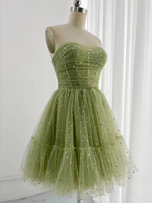 Robe de bal courte verte en tulle coupe trapèze, jolie robe de soirée verte ED0581