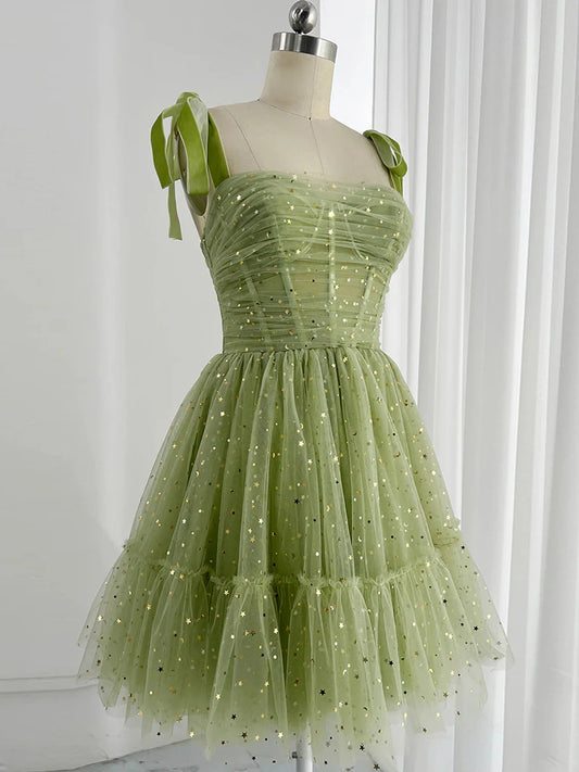 Robe de bal courte verte en tulle coupe trapèze, jolie robe de soirée verte ED0581