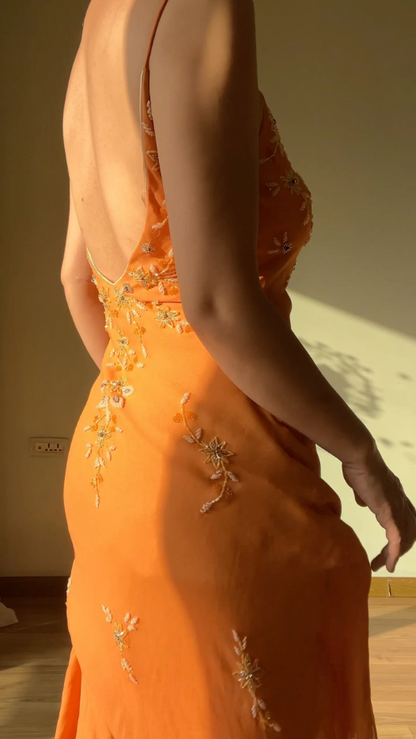 Elegant Orange Sheath Long Prom Dresses Beaded Chiffon Spaghetti Straps Evening Gowns Sleeveless Formal  Dresses ED05810