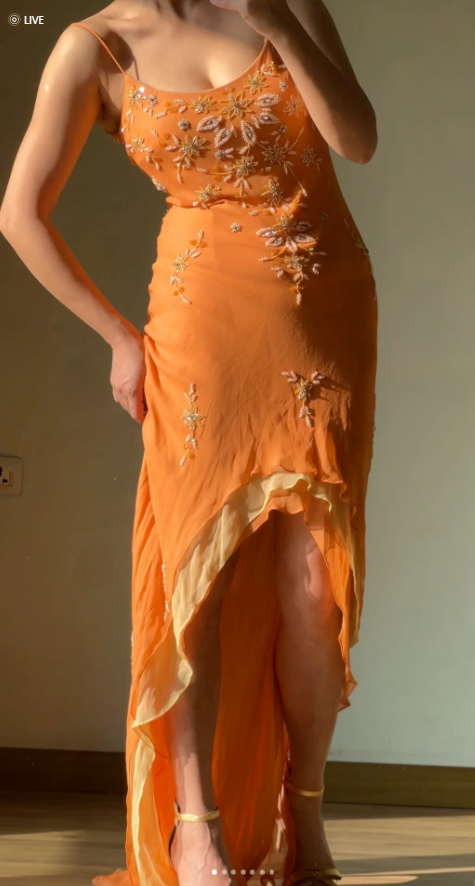 Elegant Orange Sheath Long Prom Dresses Beaded Chiffon Spaghetti Straps Evening Gowns Sleeveless Formal  Dresses ED05810