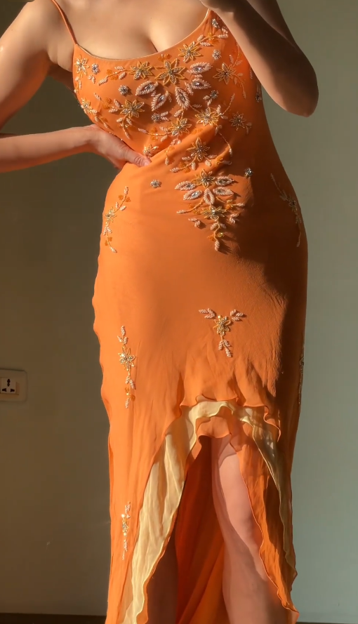 Elegant Orange Sheath Long Prom Dresses Beaded Chiffon Spaghetti Straps Evening Gowns Sleeveless Formal  Dresses ED05810